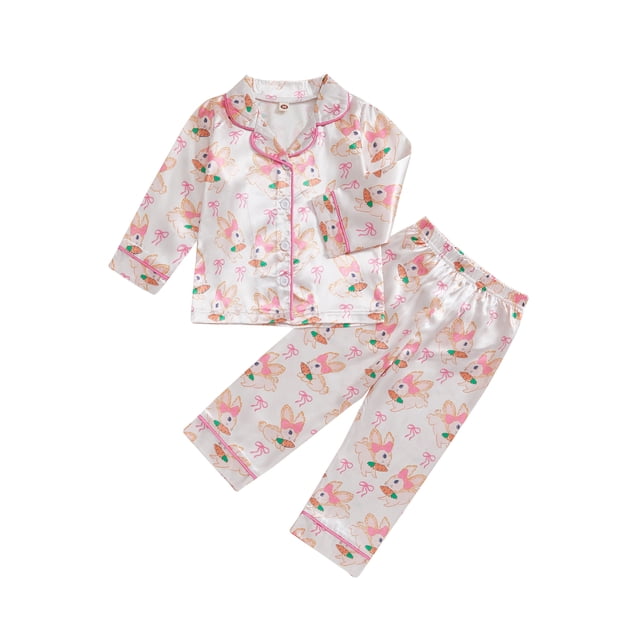 Gupgi Little Girl Easter Sleepwear 2pcs Spring Kid Pajamas Bow Rabbit/Egg Bunny Long Sleeve Tops Long Pants