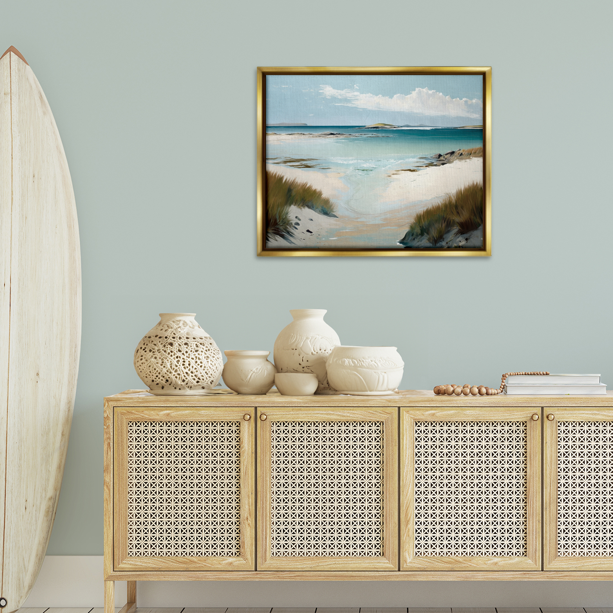 Stupell Industries River Tide Seascape Nautical & Beach Painting Gold Floater Framed Canvas Art Print Wall Art, 31 x 25