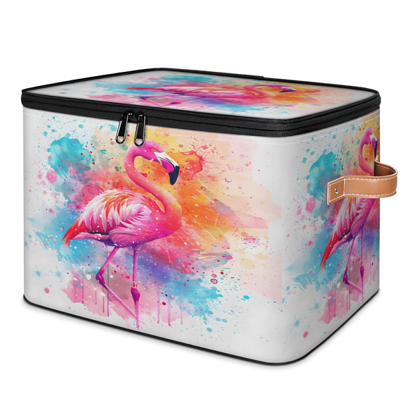 CURLYOOT Flamingo Fabric Storage Bins with Lids, Foldable Storage Boxes Washable Storage Cube, Closet Bedroom Home Organizer Containers with PU Leather Handles