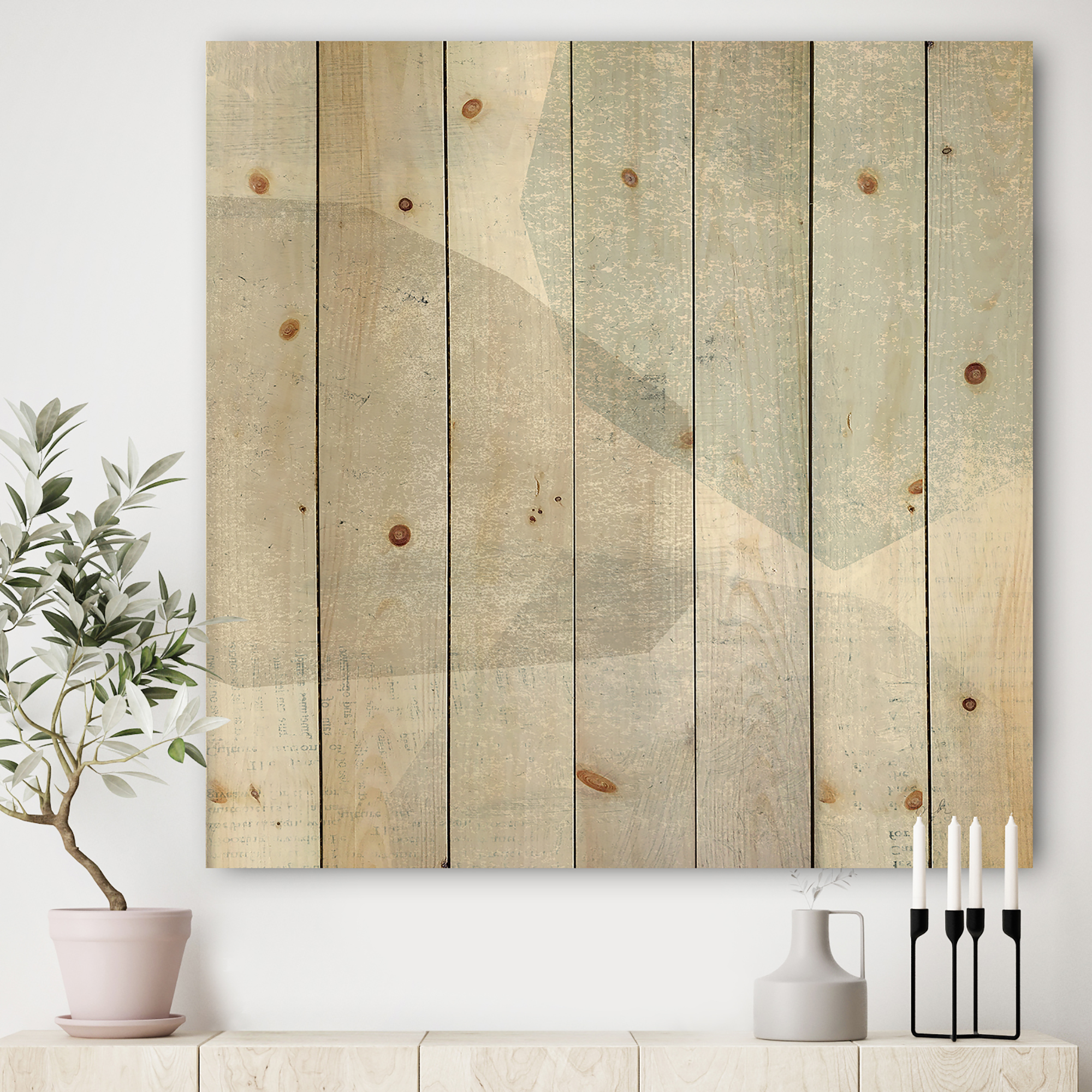 Designart 'White and Grey Collage I' Modern & Contemporary Print on Natural Pine Wood