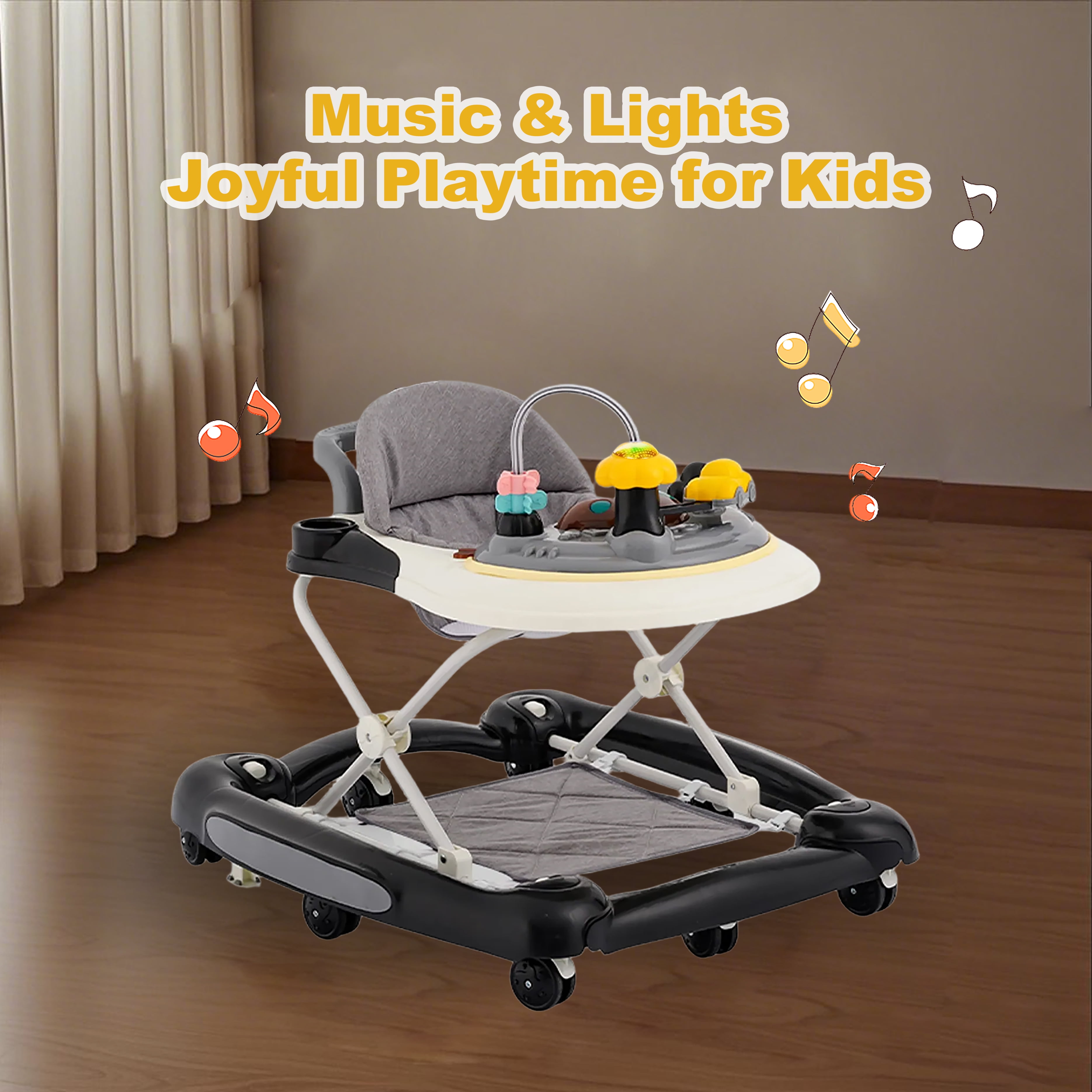 HDUTNGISN 5-in-1 Black Adjustable Baby Walker with Wheels for Boys & Girls