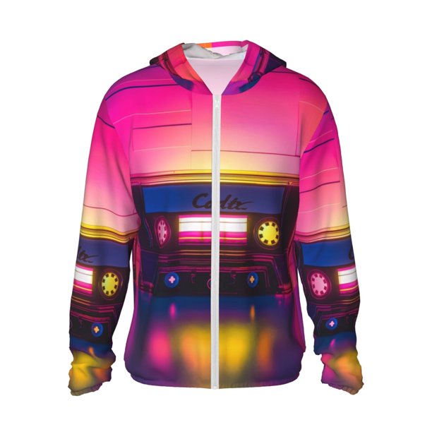 Balery Neon Cassette Tape Sudadera ligera de manga larga con capucha y protección solar UPF 50+ para hombre y mujer, ideal para pesca y running-3X-Large