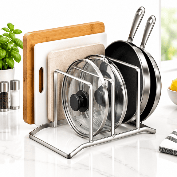 Stainless Steel Cutting Board Holder Stand, Cutting Board Rack Organizer for Kitchen Countertop, Pot Pan Lids Holder Storage Rack Silver