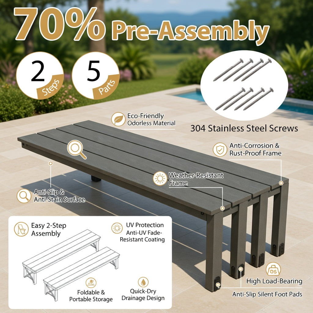 Hommoo 55" HDPE Outdoor Patio Bench for 2-3 People, Weatherproof, Backless Garden Bench, Gray