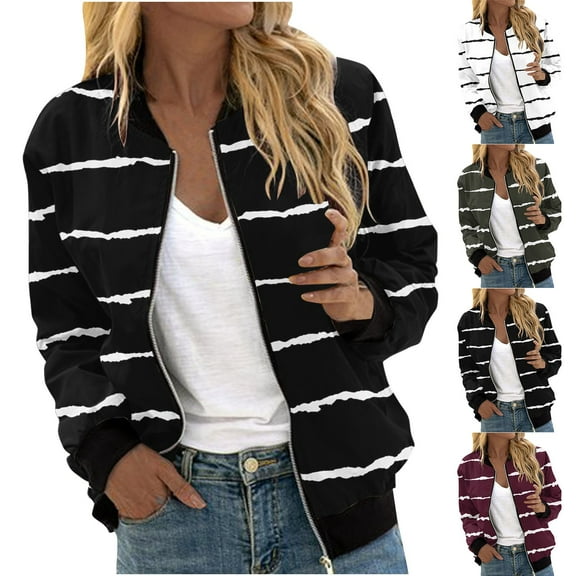 QATAINLAV Womens Casual Bomber Jacket 2024 Trendy Striped Print Baseball Jacket Zip Up Varsity Jacket Lightweight Flight Jackets with Ribbed Cuffs and Pockets Deals of the Day Army Green S