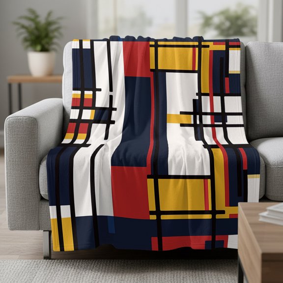 Abstract Geometric Fleece Throw Blanket Lightweight Blue Orange Red Blocks Fuzzy Flannel Throws Super Soft Cozy Flannel Blanket for Couch, Sofa, Bed, Travel 60"x80"