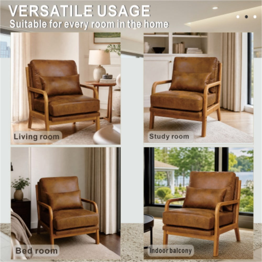Wooden Lounge Chair, Modern Upholstered Accent Chair with Solid Wood Armrests, High-Density Foam Cushion, Reclined Backrest for Living Room, Bedroom & Office, Light Brown