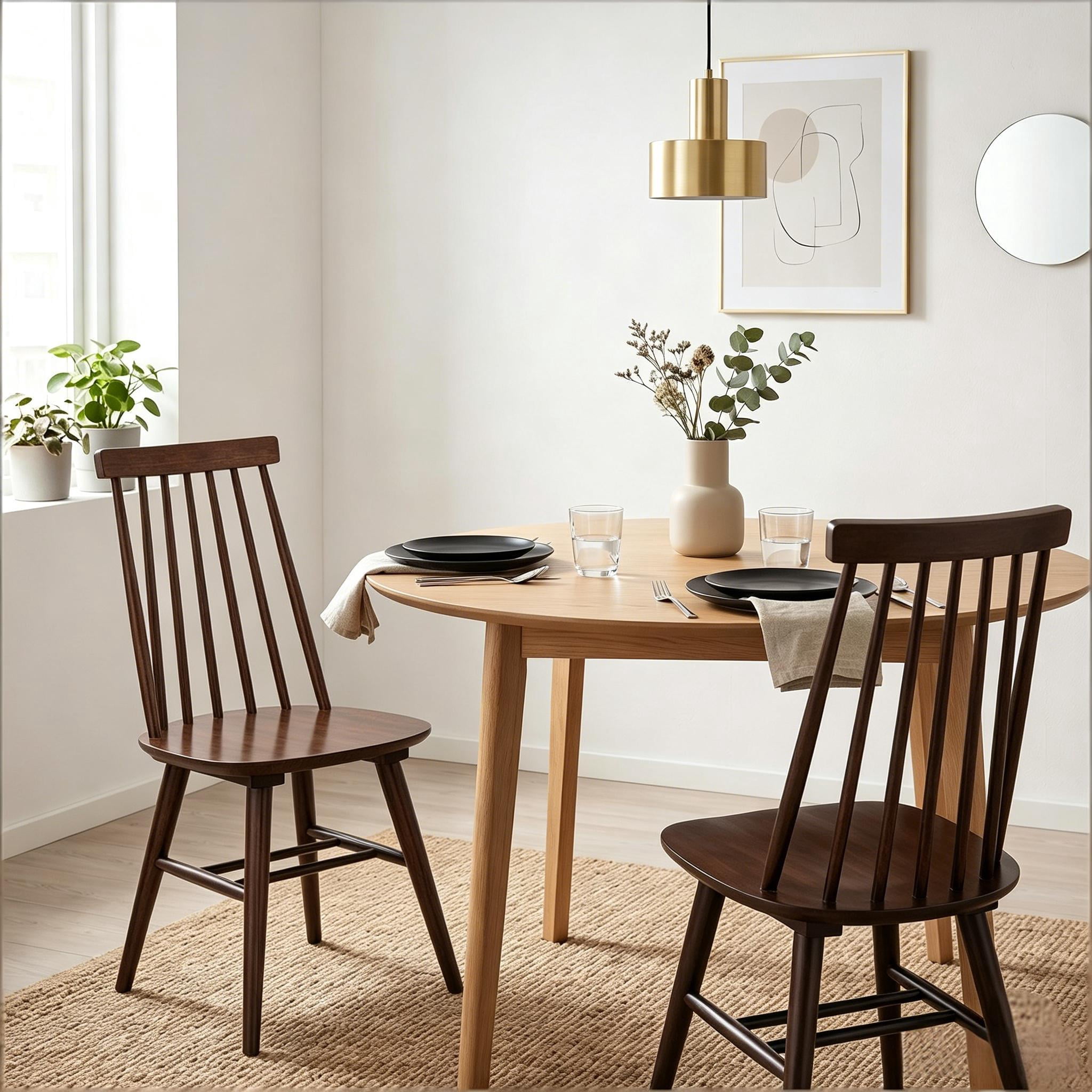 Windsor Dining Chairs Set of 2, Solid Wood Back Kitchen Chairs, Classic Farmhouse Dining Room Chairs for Kitchen, Dining Room, Living Room（Walnut）
