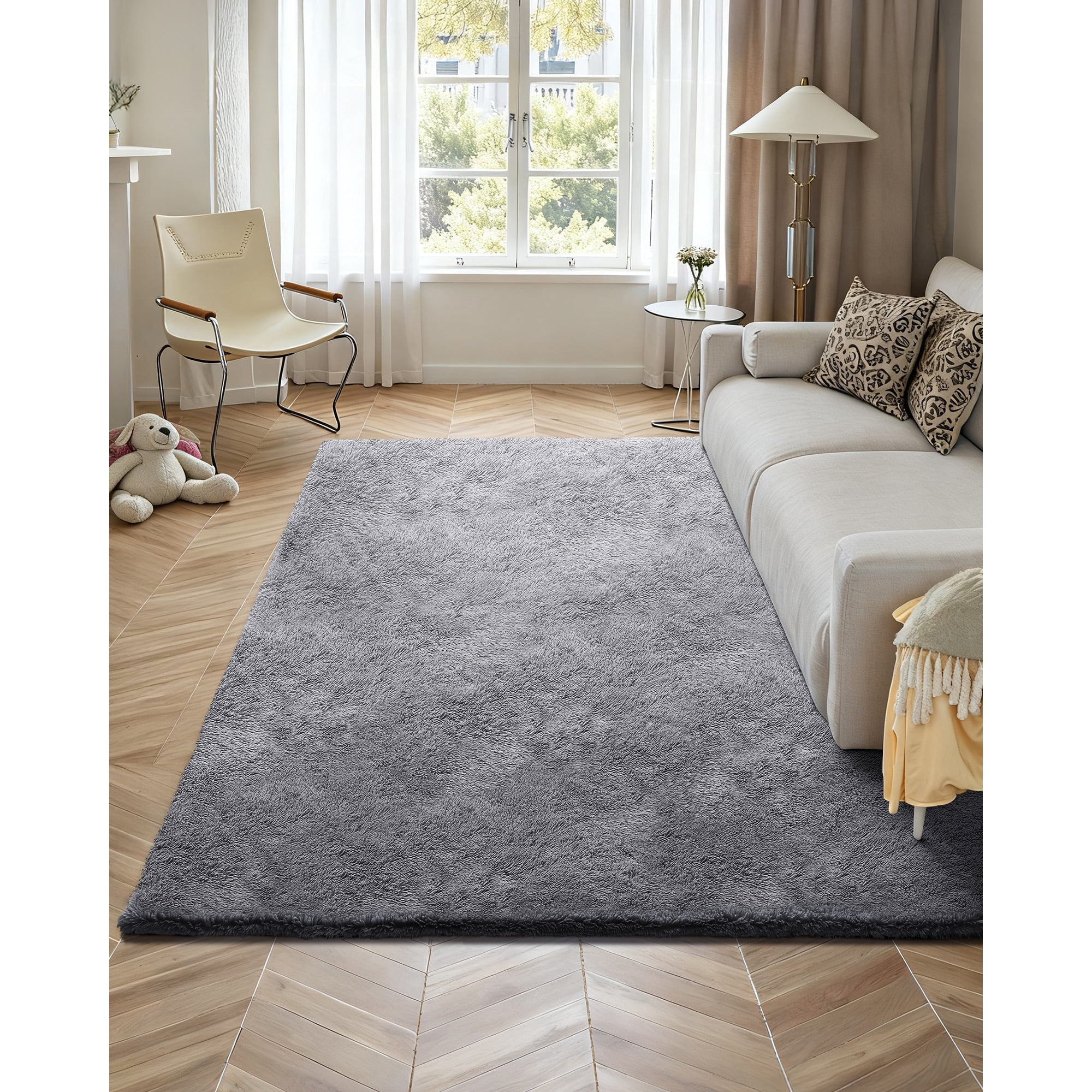 KFFKFF Indoor Plush Area Rugs, 8 x 10 ft Soft Shag Carpet, Furry Area Rugs for Living Room, Bedroom, Sunroom, Modern Home Decor, Non-Shedding, Non-Woven, Slip-Resistant, Smoke Gray