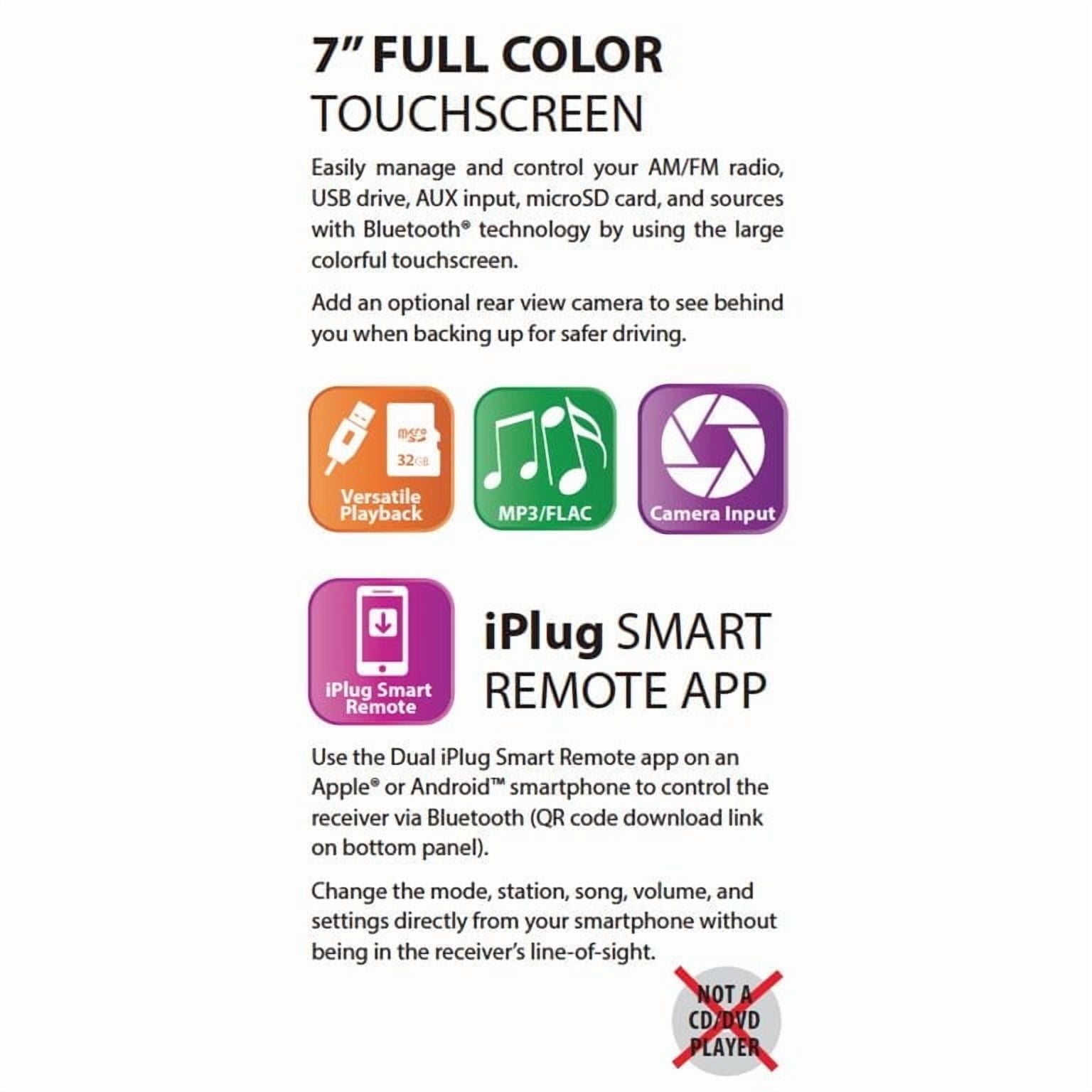 Dual Electronics XVM279BT Stéréo de voiture double DIN à écran tactile LED 7", Bluetooth, microSD, USB, MP3, activation vocale Siri/Google