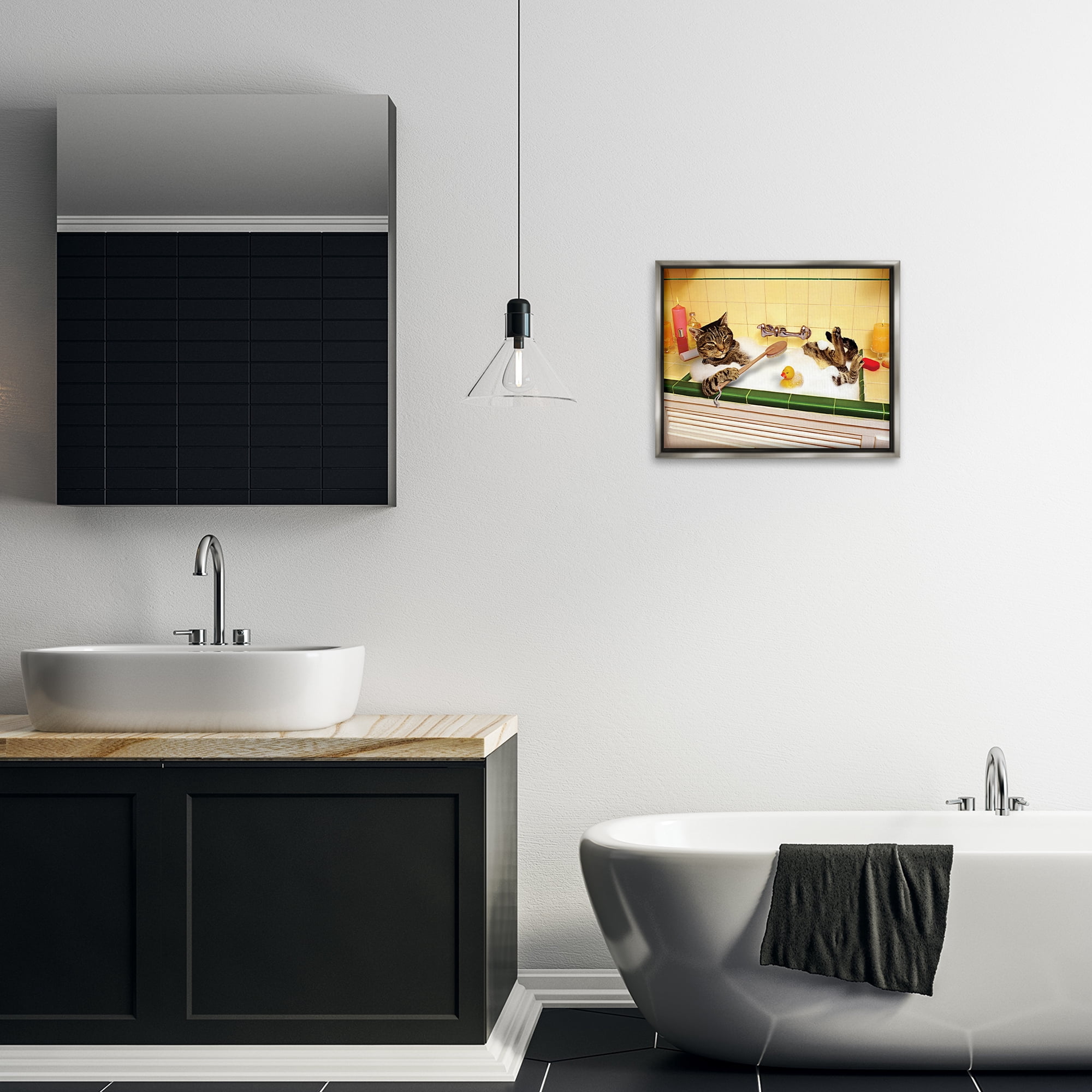 Stupell Industries Cat Bathing in Tub Typography Painting Gray Floater Framed Canvas Art Print Wall Art, 21 x 17