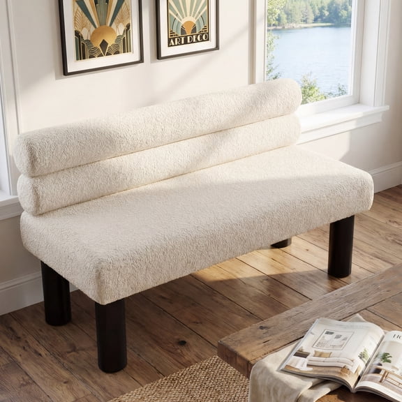 Upholstered Dining Bench, Entryway Bench with Rubber Wood Legs, End of Bed Bench for Bedroom, Ottoman-Style Living Room Seating, Beige Fabric