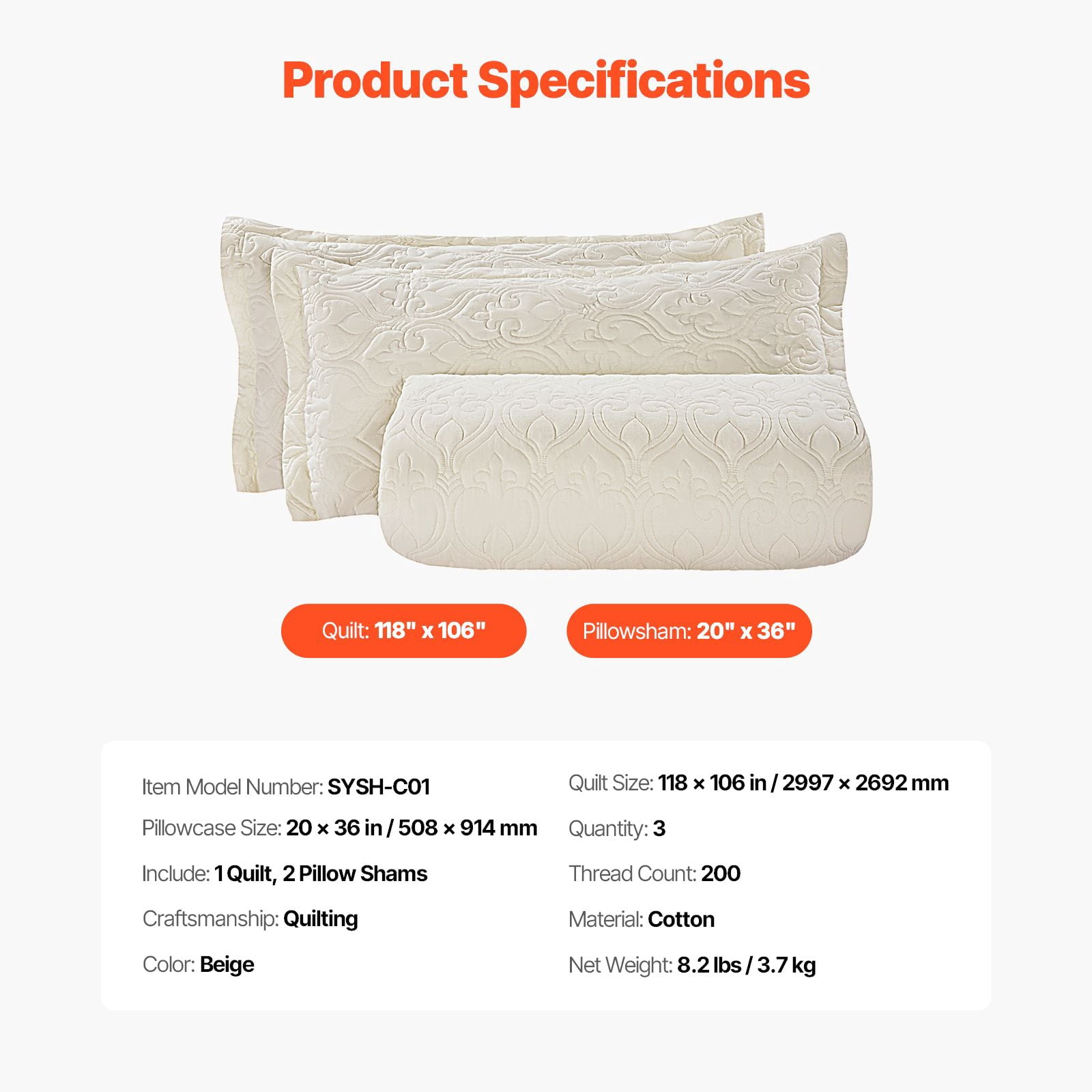 King Size 3-Piece Cotton Quilt Set with 3D Quilting, 100% Cotton Fabric, Polyester Filling, for All Seasons Bedroom