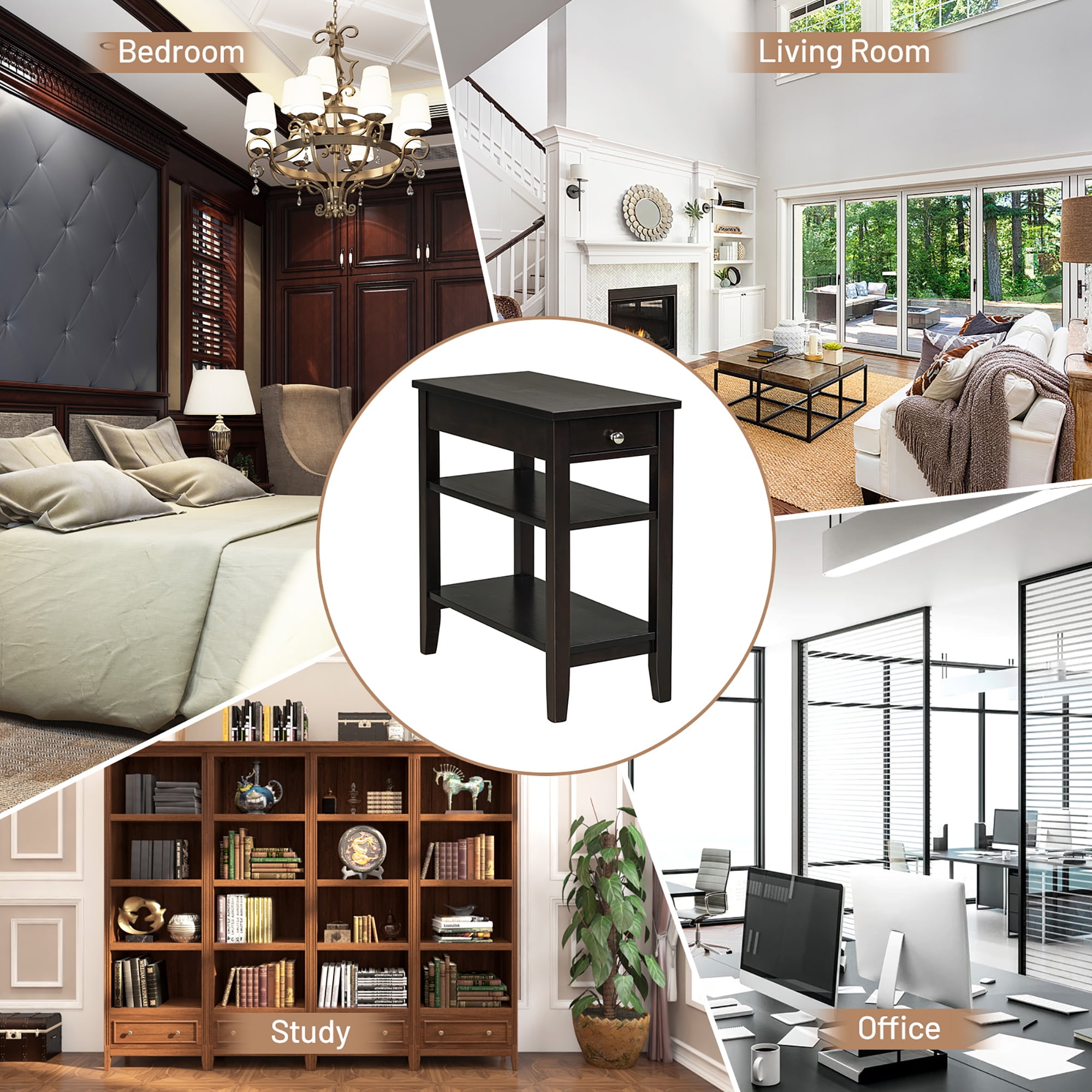 Costway 3-Tier Side End Table with Drawer Double Shelf Narrow Nightstand Espresso