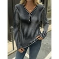 thumbnail image 5 of Women'S V-Neck Long Sleeve Striped Knit Button Shirt Autumn Casual Loose Elegant Tunic Top Black L, 5 of 9