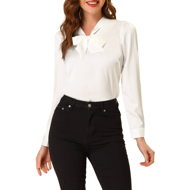 Blusa elegante de manga larga con cuello en V y lazo para oficina de mujeres CHIC, talla XL, blanca