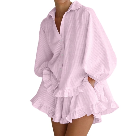 Women 2 Piece Outfits Long Sleeve Button Down Blouse and Shorts Sets Pink S