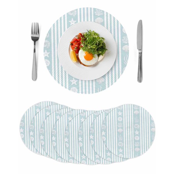 Sky Blue Striped Coastal Round 13 Inch Placemats Set of 8, Nautical Beach Starfish Shell HeatResistant Non Slip Place Mats for Dining Table, Wipeable Braided Kitchen Table Mats for Housewarming