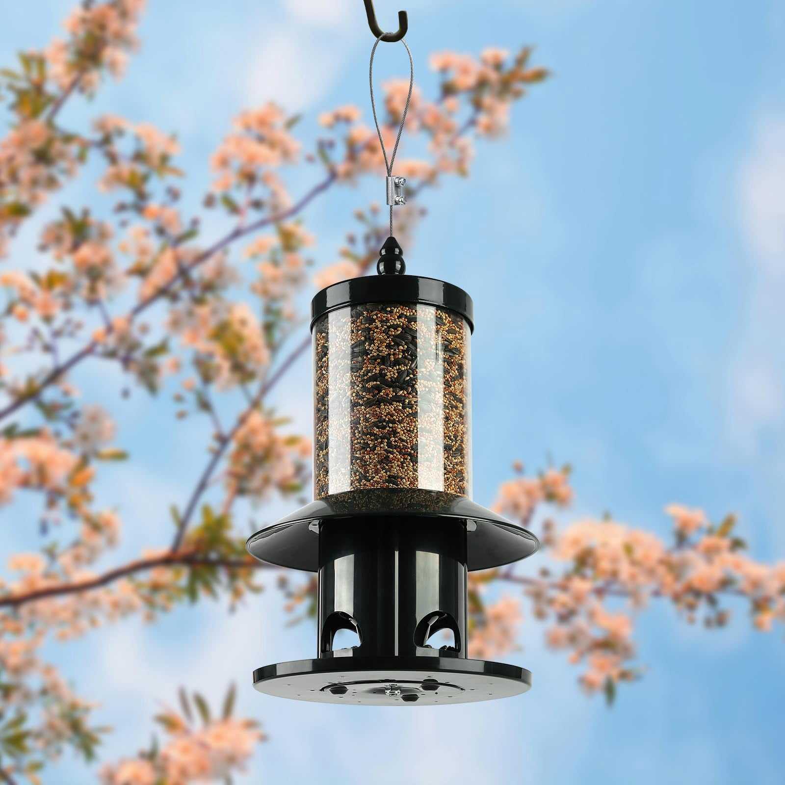 Squirrel Proof Bird Feeder - 360° Feeding Perch Tray for Outdoor Hanging Wild Bird Seeds, Dark Green.
