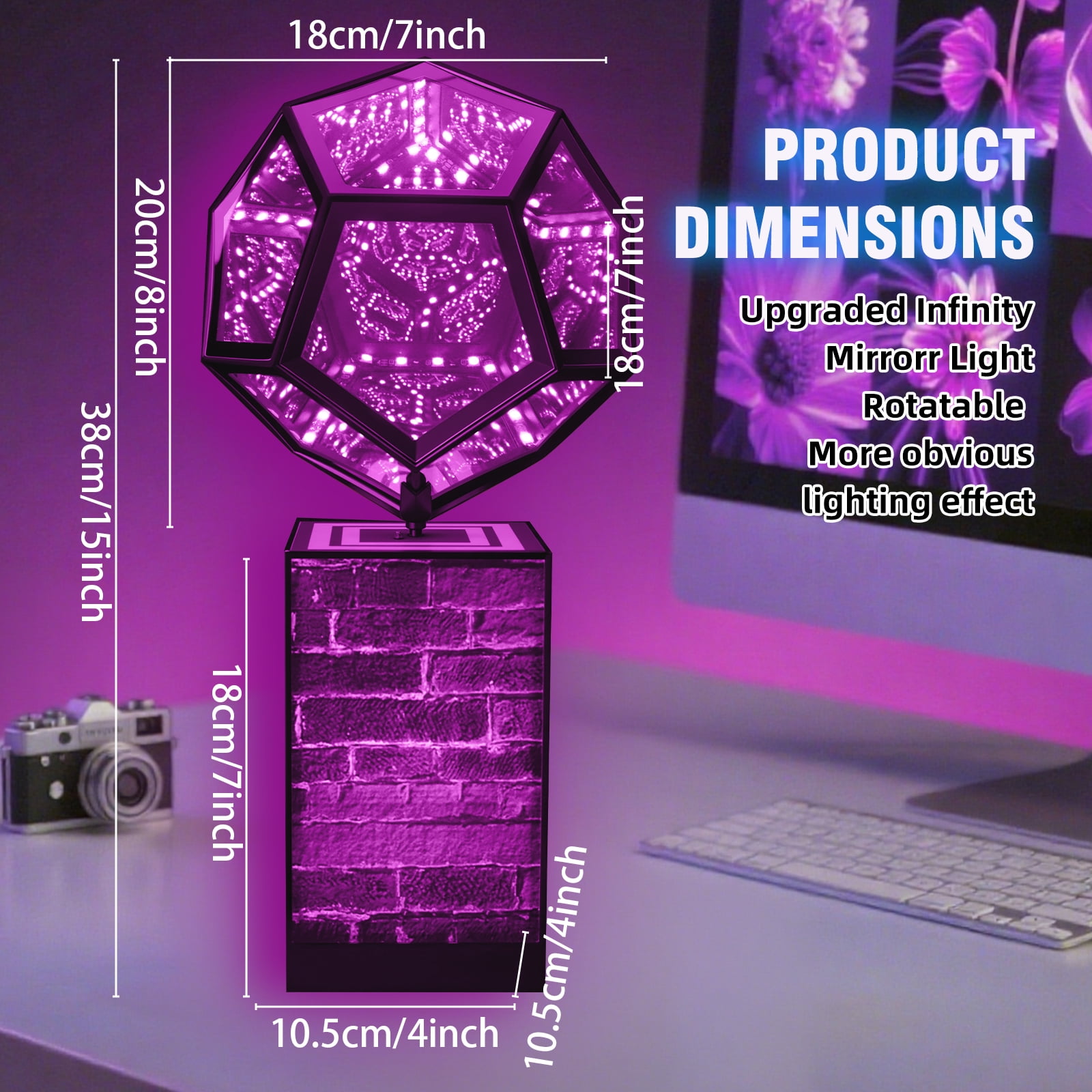 Upgraded Rotatable Infinity Mirror Light Cool LED Changing Night Light Dodecahedron Lights with Music Sync Function for USB Power Supply for Computer Game Table Birthday Gift