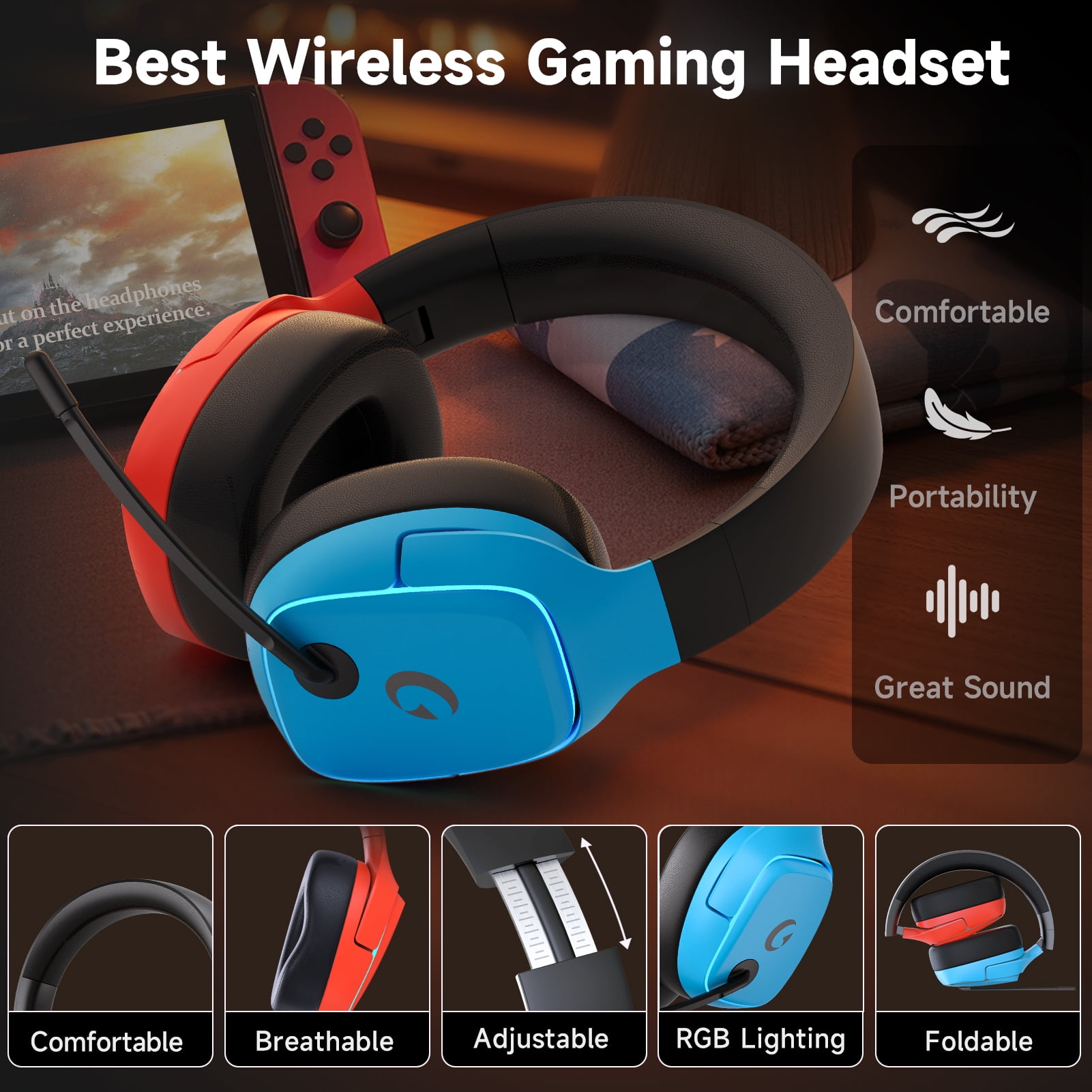 Wireless Gaming Headset 2.4GHz for PS5/PS4/PC/Switch - Bluetooth 5.3 Headphones with Noise-Canceling Mic, 7.1 Surround Sound, 70H Battery Life, RGB Lights, Foldable, Portable-Red&Blue