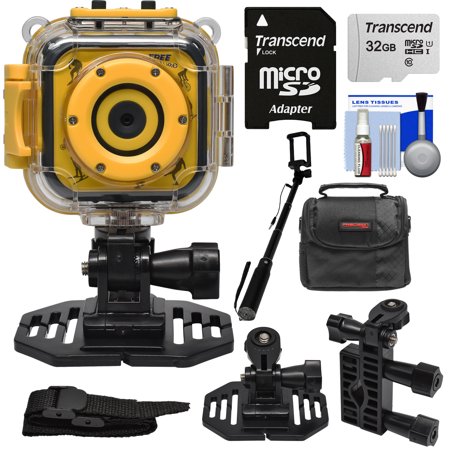 Precision Design K1 Kids HD Action Camera Camcorder (Yellow/Black) with Helmet + Handlebar Bike Mounts + 32GB Card + Case + Selfie Stick + (Best Helmet Mounted Camera)