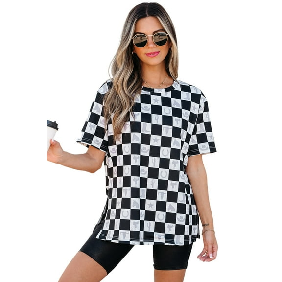 Women's Black Western Fashion Checkerboard Print Side Split T-Shirt - [ZhiHiMeRi] | (US 12-14)L