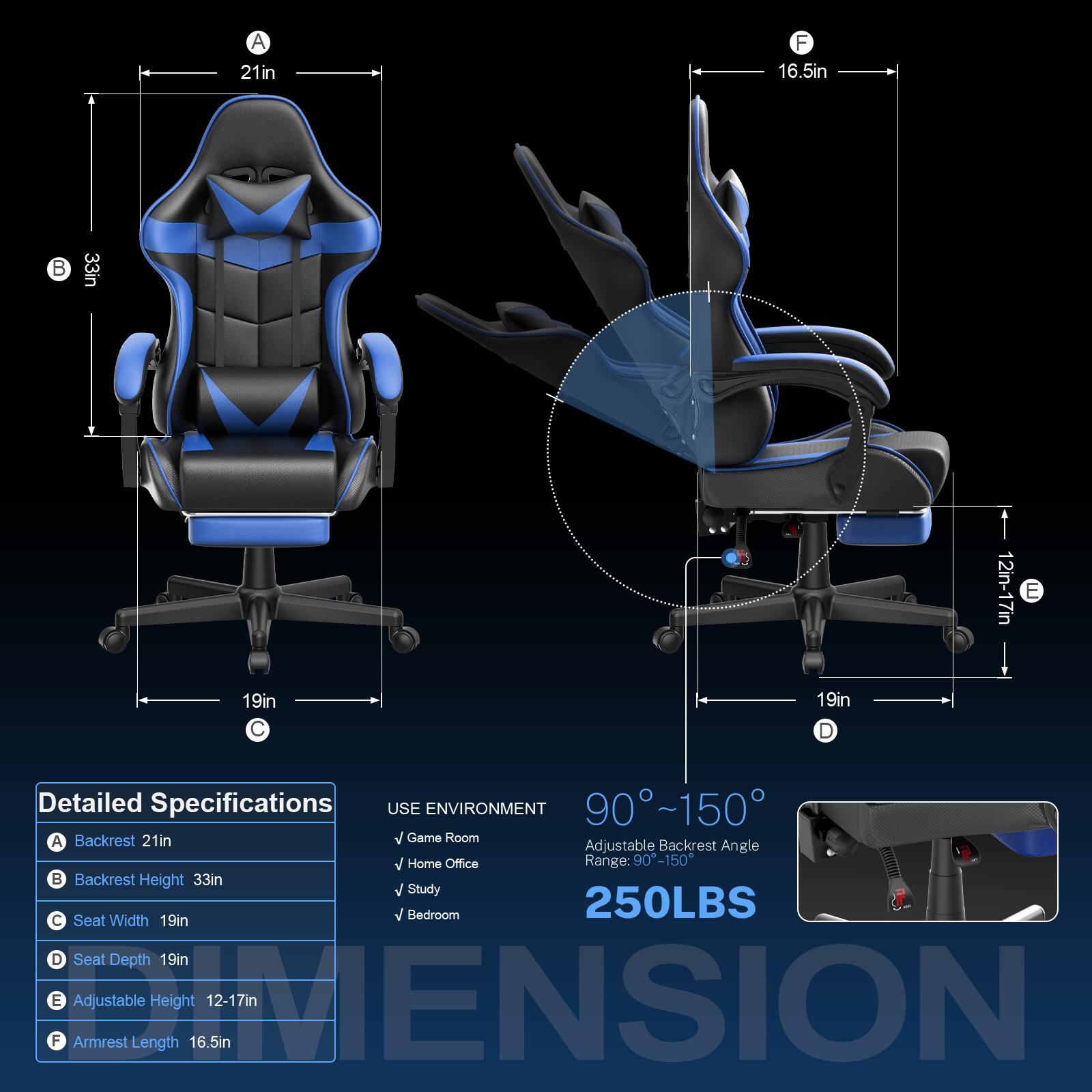 Soontrans Gaming Chair with Footrest, Blue photo 5