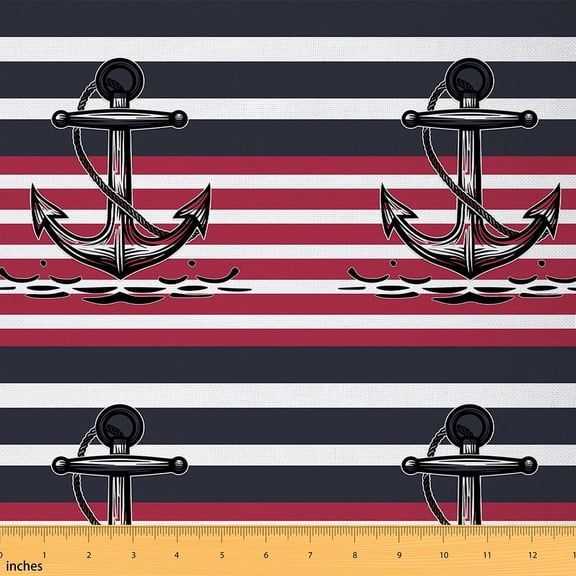 Ocean Anchor Decorative Fabric Sea Nautical Fabric By The Yard,Geometric Lines Indoor Outdoor Fabric Black Red Material By The Yard Classic Stripes Waterproof Fabric,10 Yard