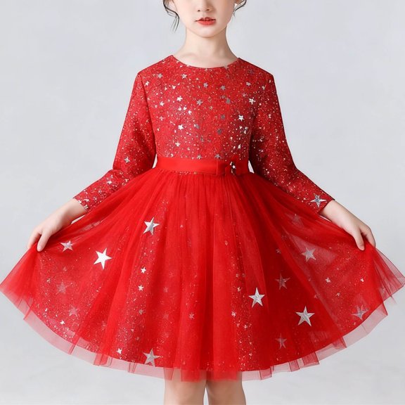 Girls' Sparkly Sequin Performance Princess Dress Crewneck Long Sleeve Printed Tulle Tutu Dress Birthday Party Gown