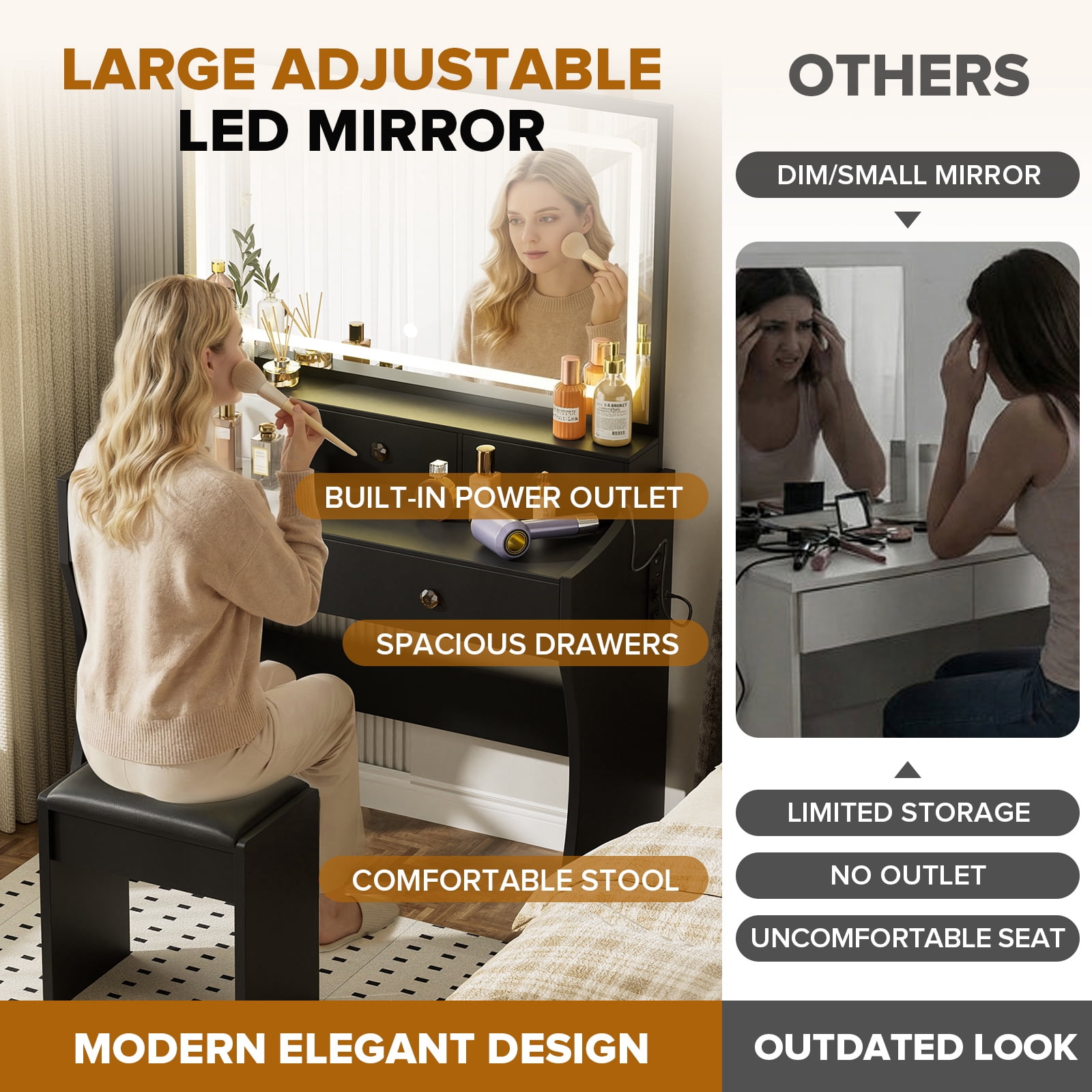 LUCKLIFE Black Vanity Desk with Mirror and Lights, 5 Drawers & Charging Station, Vanity Table and Chair Set