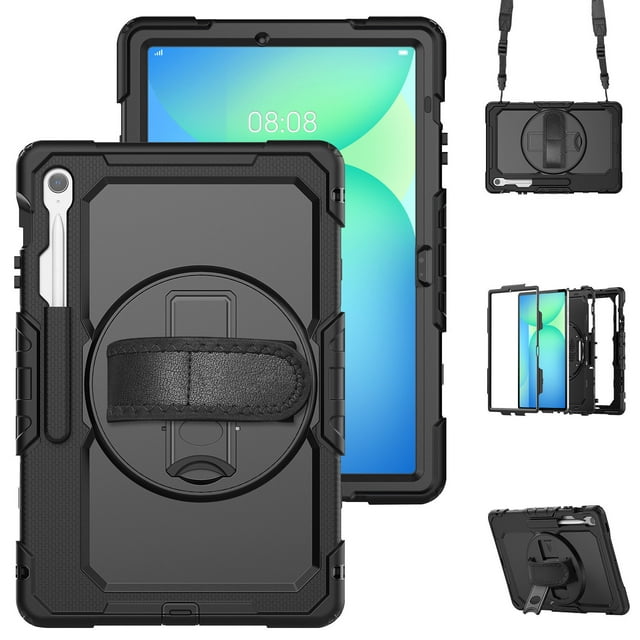 Case for Samsung Galaxy Tab S10 FE+ Plus 13.1 inch 2025 with Screen Protector, 360 Degree Rotating Kickstand Hand Strap Heavy Duty Shockproof Cover with Shoulder Strap, Black