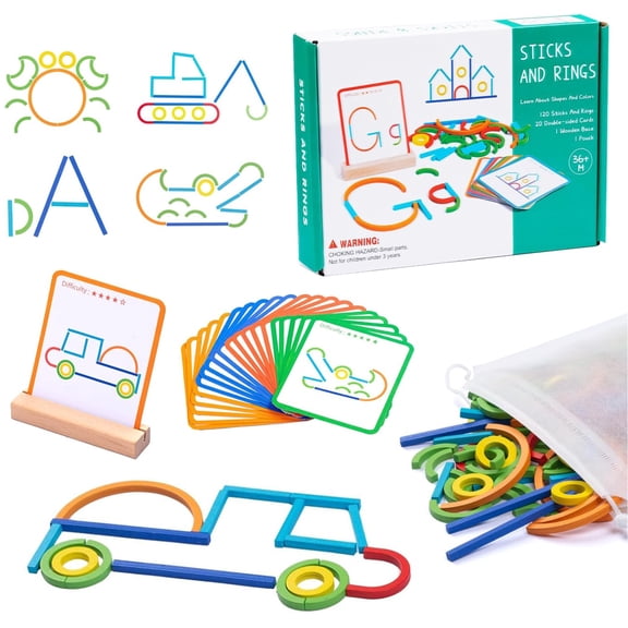 120pcs Wooden Pattern Blocks Shape Puzzles Sticks & Rings Wooden Tangram Puzzle Stem Preschool Brain Teaser Montessori Toys Gift for 3 4 5 Years Old Activity Kids Boy Girl