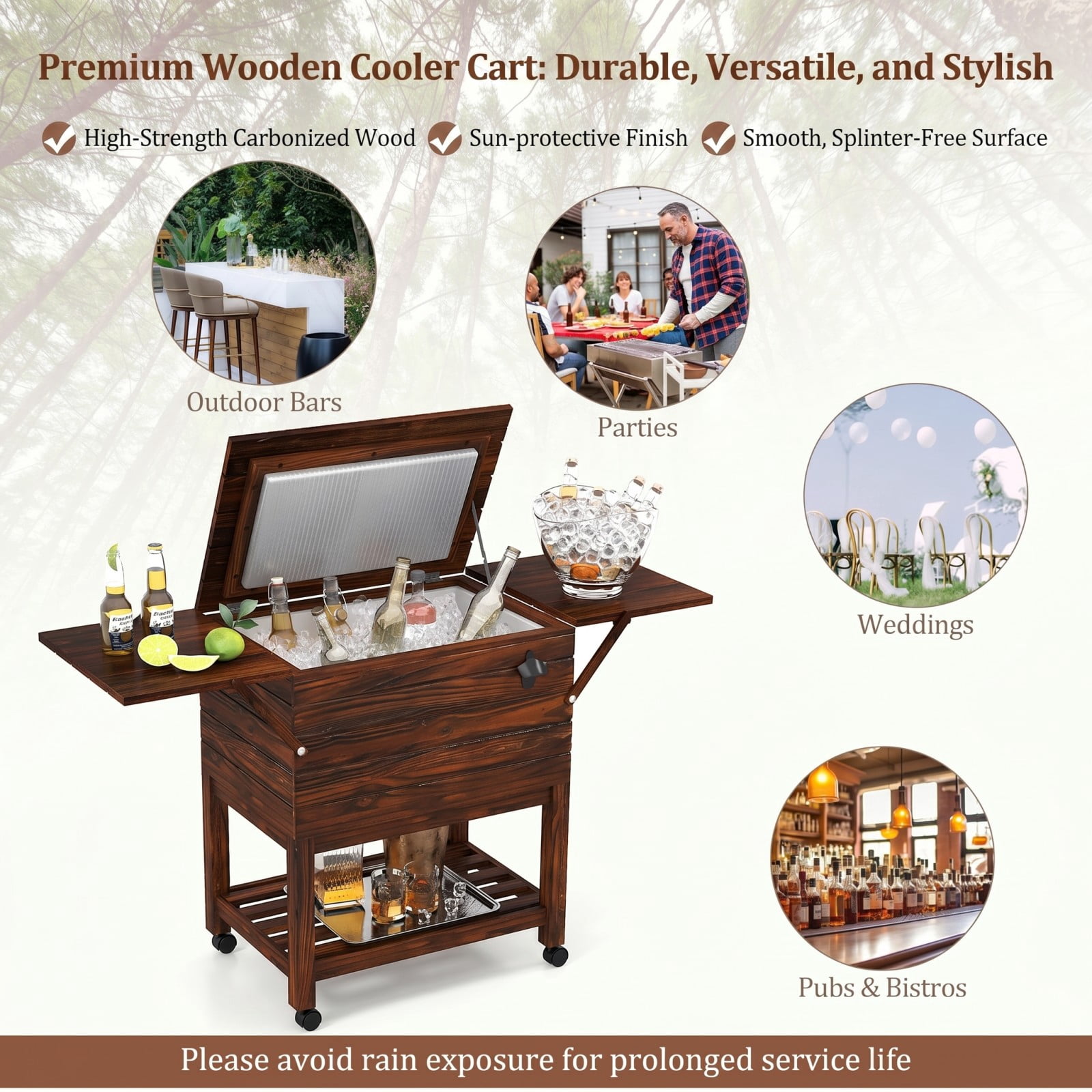 Biotree 54 Quart Wooden Cooler Cart for Patio with Shelves Rolling Ice Chest with Drain Plug Outdoor Cooler Cart, Brown