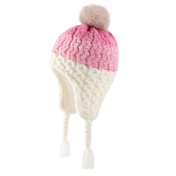 Boys Girls Kids' Fleece-Lined Beanie Winter Warm Earflap Hat with Pom-Pom and Drawstring, Color Block Thicken Knit Cap
