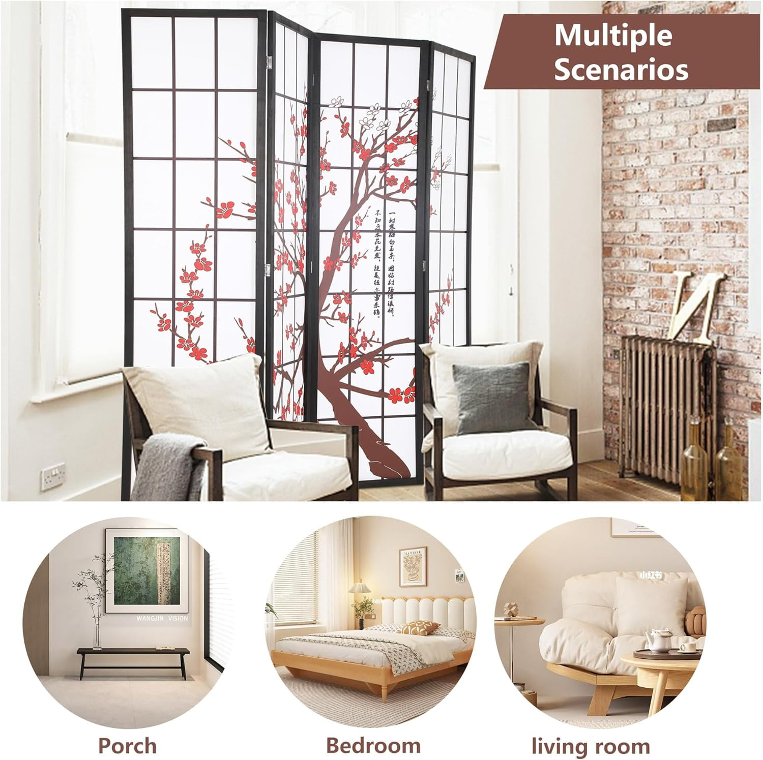 PayLessHere Room Divider 6ft Folding Privacy Divider 4 Panels Oriental Shoji Screen Room Divider Portable Freestanding Partition Screen, White