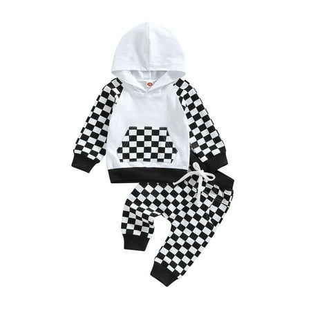 

Sunisery Kids Baby Girls Boys 2pcs Outfits Set Plaid Long Sleeve Hoodie Sweatshirt Checkerboard Pants Clothes Black 2-3 Years