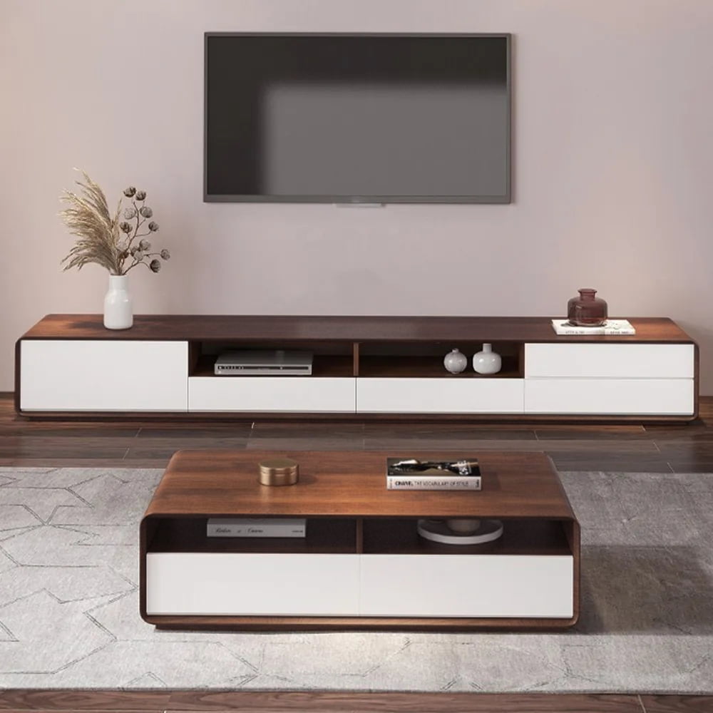 POVISON Modern Wood White TV Stand, Lowline Media Console with 4 Drawers, Open Storage Cabinet, Walnut Veneer, Fully-assembled, 94"