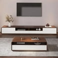thumbnail image 2 of POVISON 78.74" Modern Wood White TV Stand，Lowline Media Console with 4 Drawers, Open Storage Cabinet, Walnut Veneer, Fully-assembled, 2 of 9