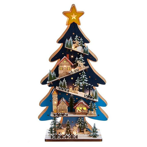 Kurt Adler Battery-Operated Light-Up LED Wooden Christmas Tree with Village, 23.5in