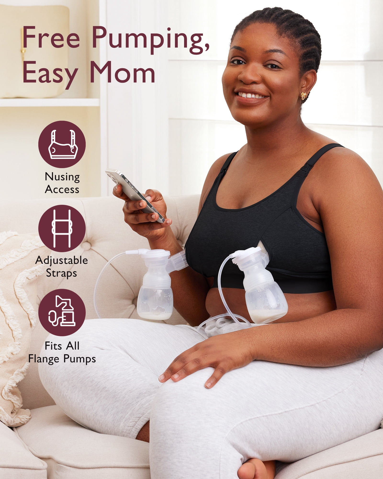 Momcozy Breast Pump Bra (Black/ Beige) Hands Free Pumping and Nursing Bra for Most Breast Pumps Large