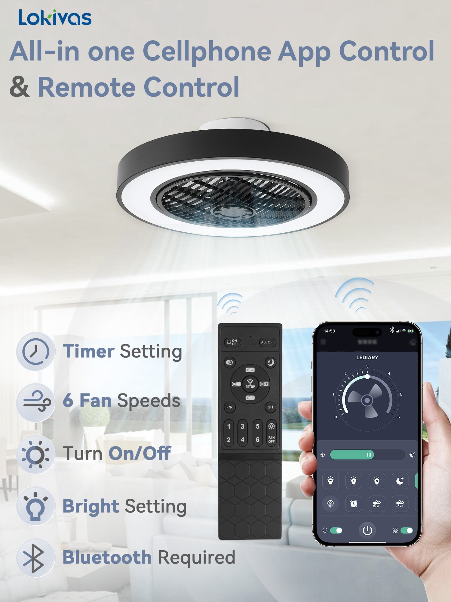 Lokivas 20in Modern Ceiling Fan with Light and Remote, Smart App Control, 6 Speeds, Low Profile with Quiet DC Motor for Living Room, Bedroom, Black