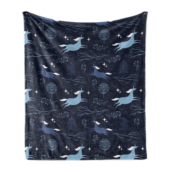 Unicorn Soft Flannel Fleece Blanket, Dream Animals Hopping in the Forest Legendary Fantasy Imagination, Cozy Plush for Indoor and Outdoor Use, 60" x 80", Dark Blue Grey and Ceil Blue, by Ambesonne