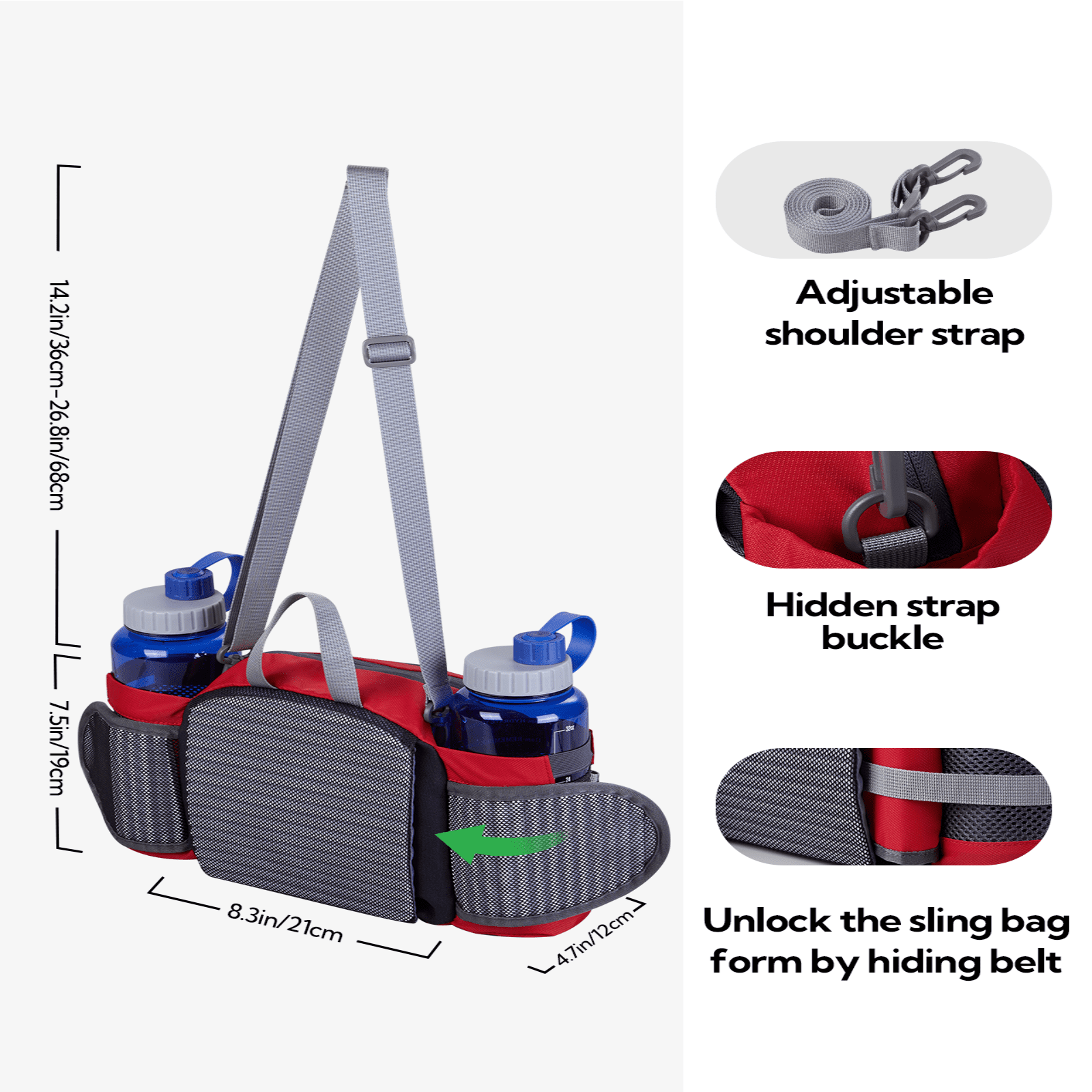 WATERFLY Unisex Large Capacity Hiking with Bottle Holder Nylon Fanny Pack Waist Bag,Red