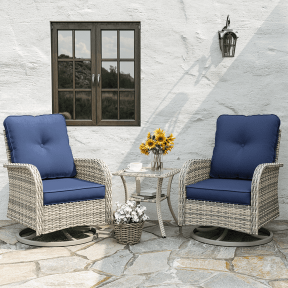 Patio Rocking Swivel Chair Outdoor Wicker Rattan Bistro Set with Tempered Glass Side Table, Outdoor Patio Furniture Set for Garden, Deck, and Balcony, Blue