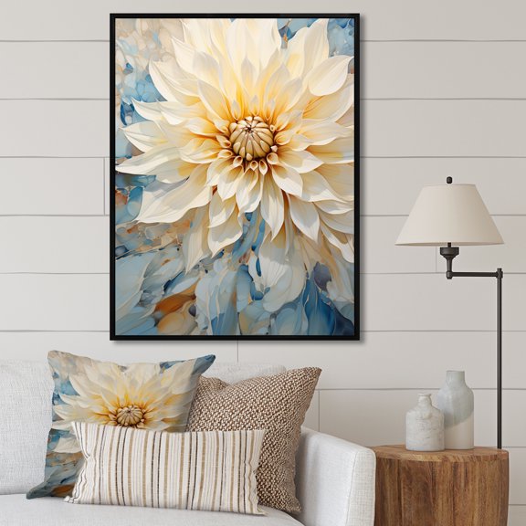 Designart "Minimalist Beige And Blue Dahlia" Dahlia Floater Framed Wall Decor