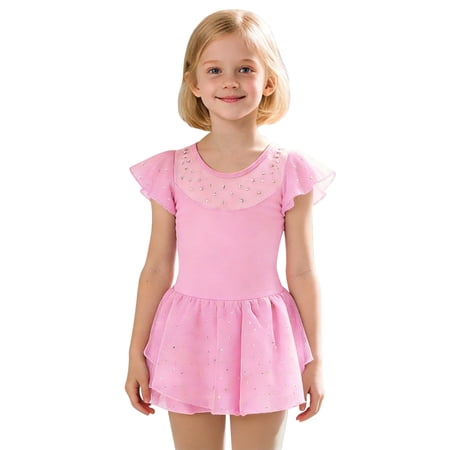 Curuila Toddler Girls Romper Fly Sleeve Solid Color Crew Neck Dance Performance Fashion Soft Bodysuits Pink Size 6-7 Years