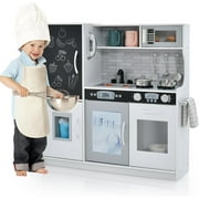 Play Kitchen, Wooden Kids Pretend Cooking Toy with Microwave, Fridge, Easy Bake Oven, Chalkboard&Ice Maker, Kids Kitchen Playset Toys for Girls & Boys Ages 3+ (White)
