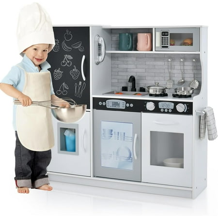 Play Kitchen, Wooden Kids Pretend Cooking Toy with Microwave, Fridge, Easy Bake Oven, Chalkboard&Ice Maker, Kids Kitchen Playset Toys for Girls & Boys Ages 3+ (White)