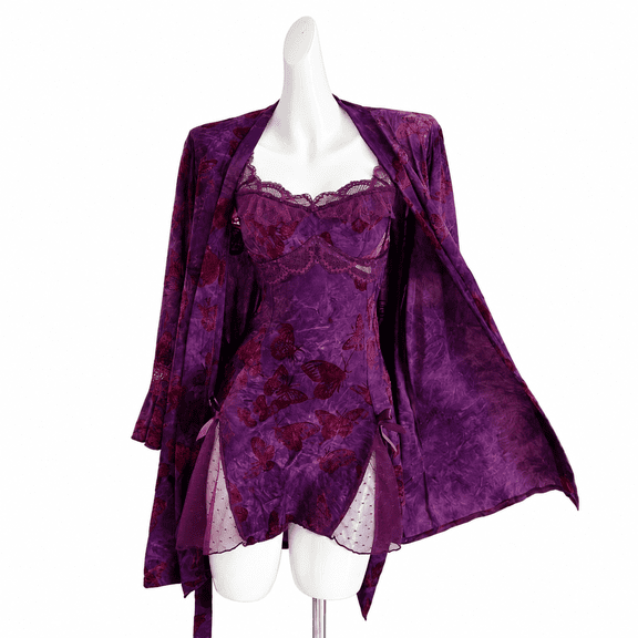 RDKTPXZ Women's Purple Lace Nightgown and Robe Set, Butterfly Print